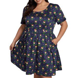 Modcloth A-Line Holiday Dress with Elf Novelty Print in Navy, Red, & Green, 3X